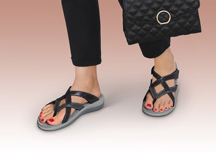 Black Orthofeet Arch Support Orthotic Women's Sandals | JSOAH1436