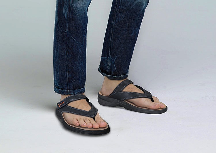 Black Orthofeet Toe Post With Arch Support Men's Flip Flops | IZSFX2405