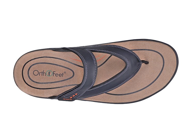 Black Orthofeet Toe Post With Arch Support Men's Flip Flops | IZSFX2405